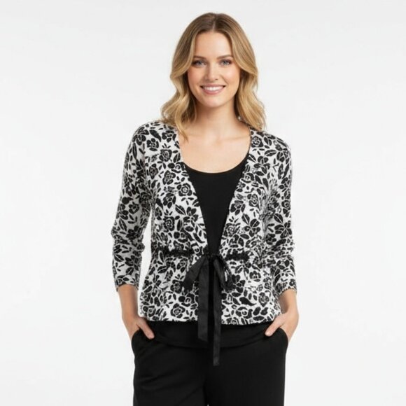 Floral Knit Cropped Black & White Waist Belt Sweater Top By WHBM Size M - Picture 1 of 7